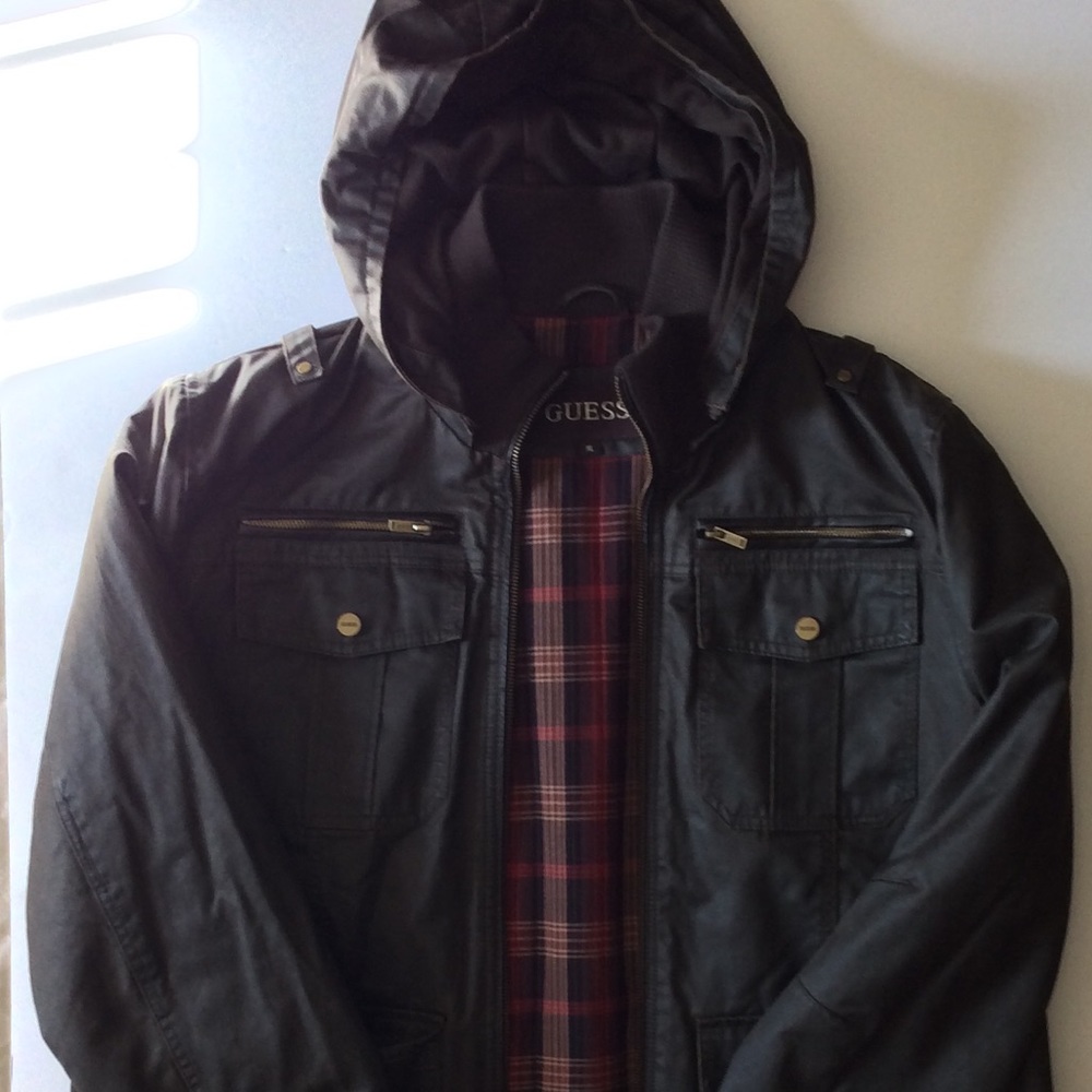 Guess Coat, Antique-finish Hooded Ja Brown
